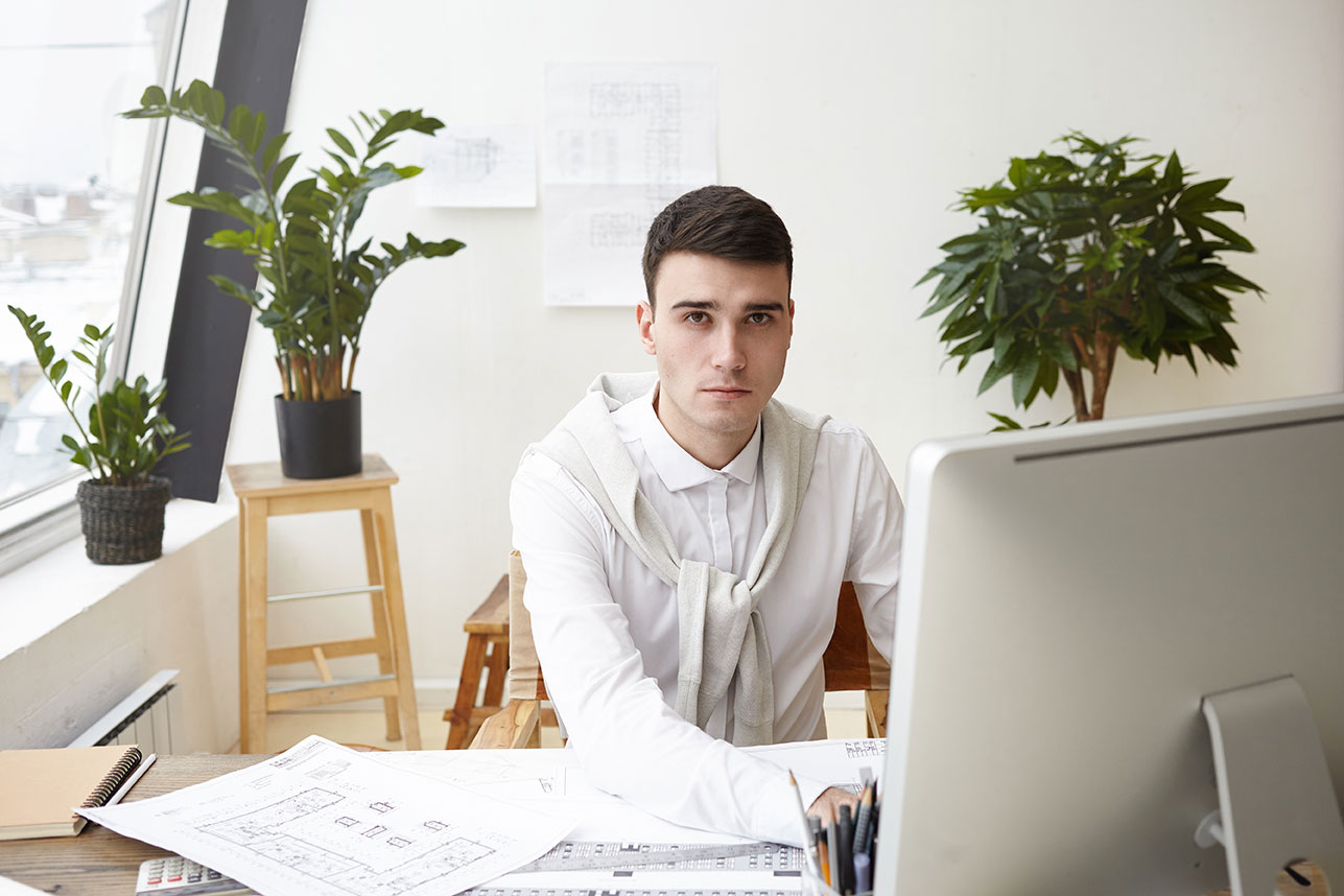 Job Career Success Male Architect Wearing White Shirt Using Cad Program Computer While Working Construction Project Optimised